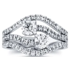 1 1/2 ct Two Stone Diamond Multirow Engagement Anniversary Ring 14k White Gold