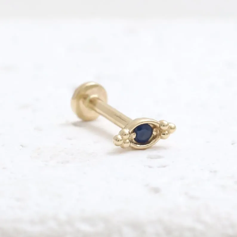 14K Gold Cartilage Helix Tragus Conch Genuine Blue Sapphire Evil Eye Internally Threaded Flat Back Earring Labret