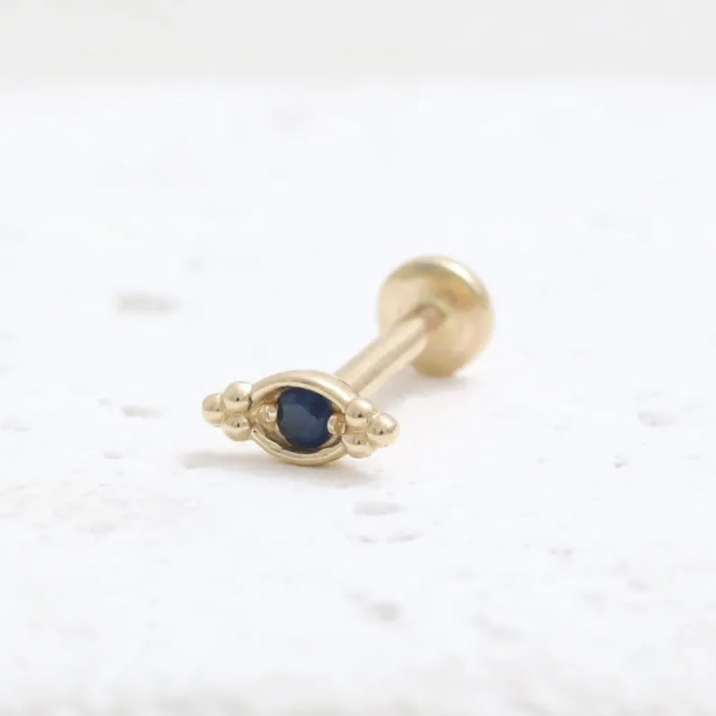 14K Gold Cartilage Helix Tragus Conch Genuine Blue Sapphire Evil Eye Internally Threaded Flat Back Earring Labret