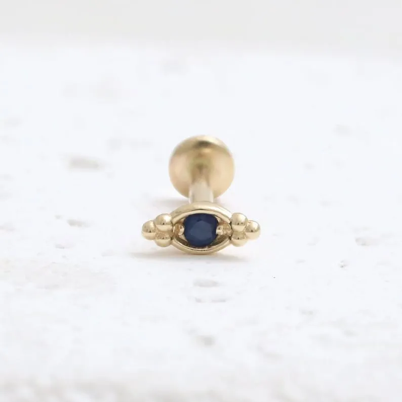 14K Gold Cartilage Helix Tragus Conch Genuine Blue Sapphire Evil Eye Internally Threaded Flat Back Earring Labret