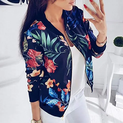 2021 Manteau Femme Printemps, Jacket Chic Femme Veste Motard Blouson Court Floral Zipper Up Court Vintage Classe Veste Moto Veste Chic Manches Longues Manteau Outwear