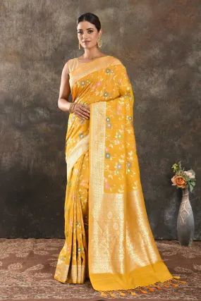 90N418-RO Mango Yellow Tussar Banarasi Sari with Zari Minakari Jaal