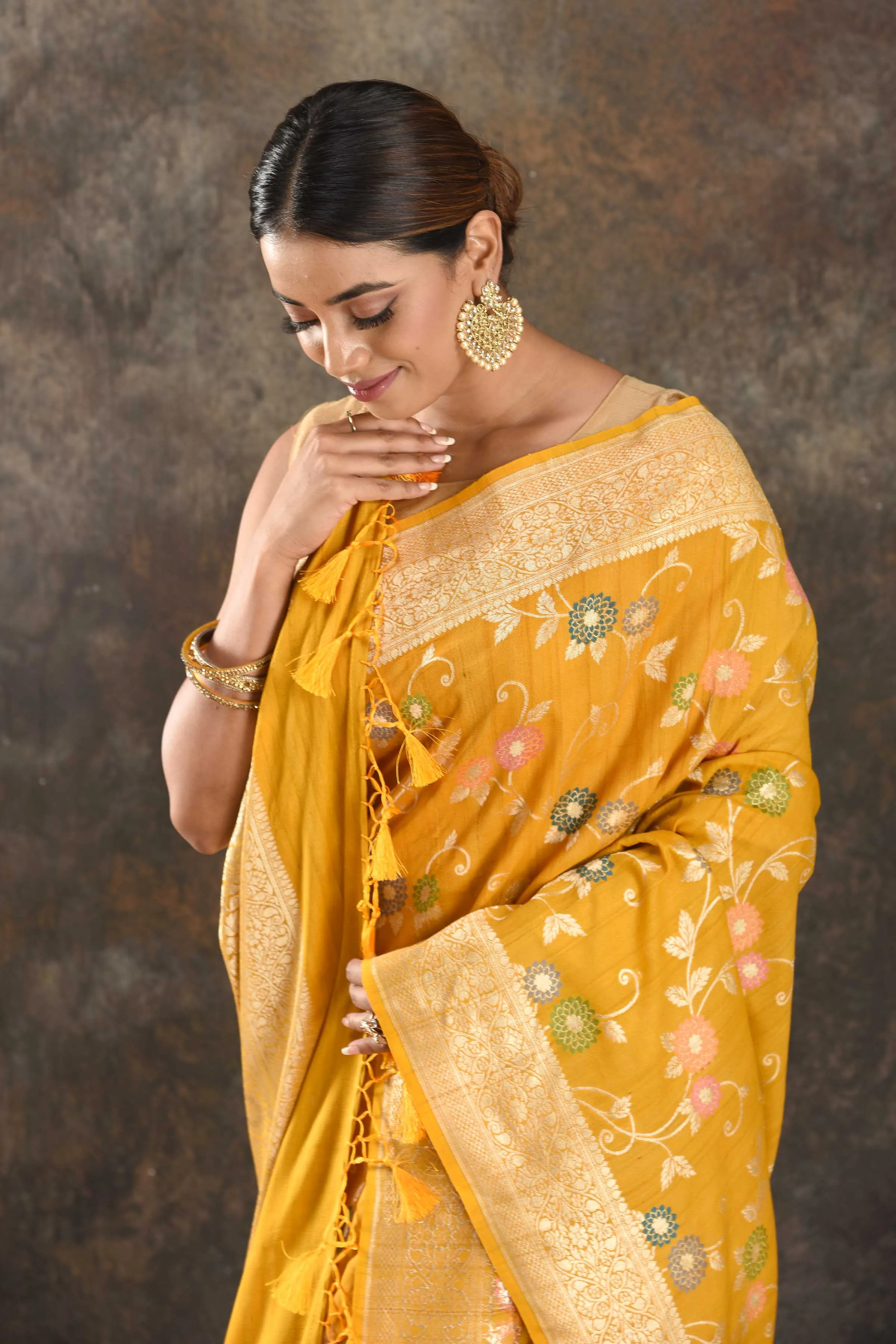 90N418-RO Mango Yellow Tussar Banarasi Sari with Zari Minakari Jaal