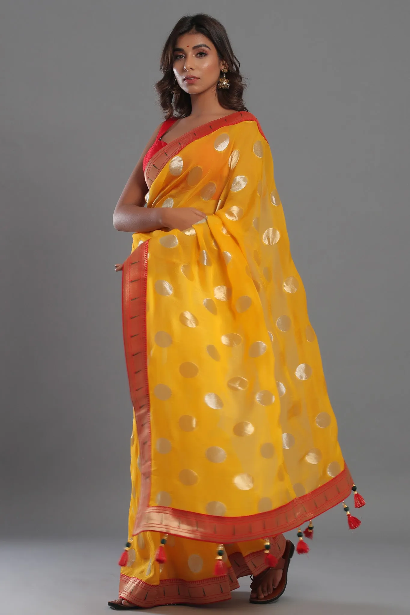 90Z473-NRO Mango Yellow Georgette Sari with Paithani Border and Pallu