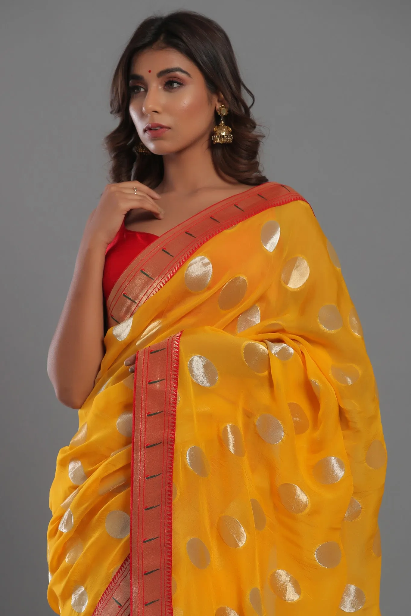 90Z473-NRO Mango Yellow Georgette Sari with Paithani Border and Pallu