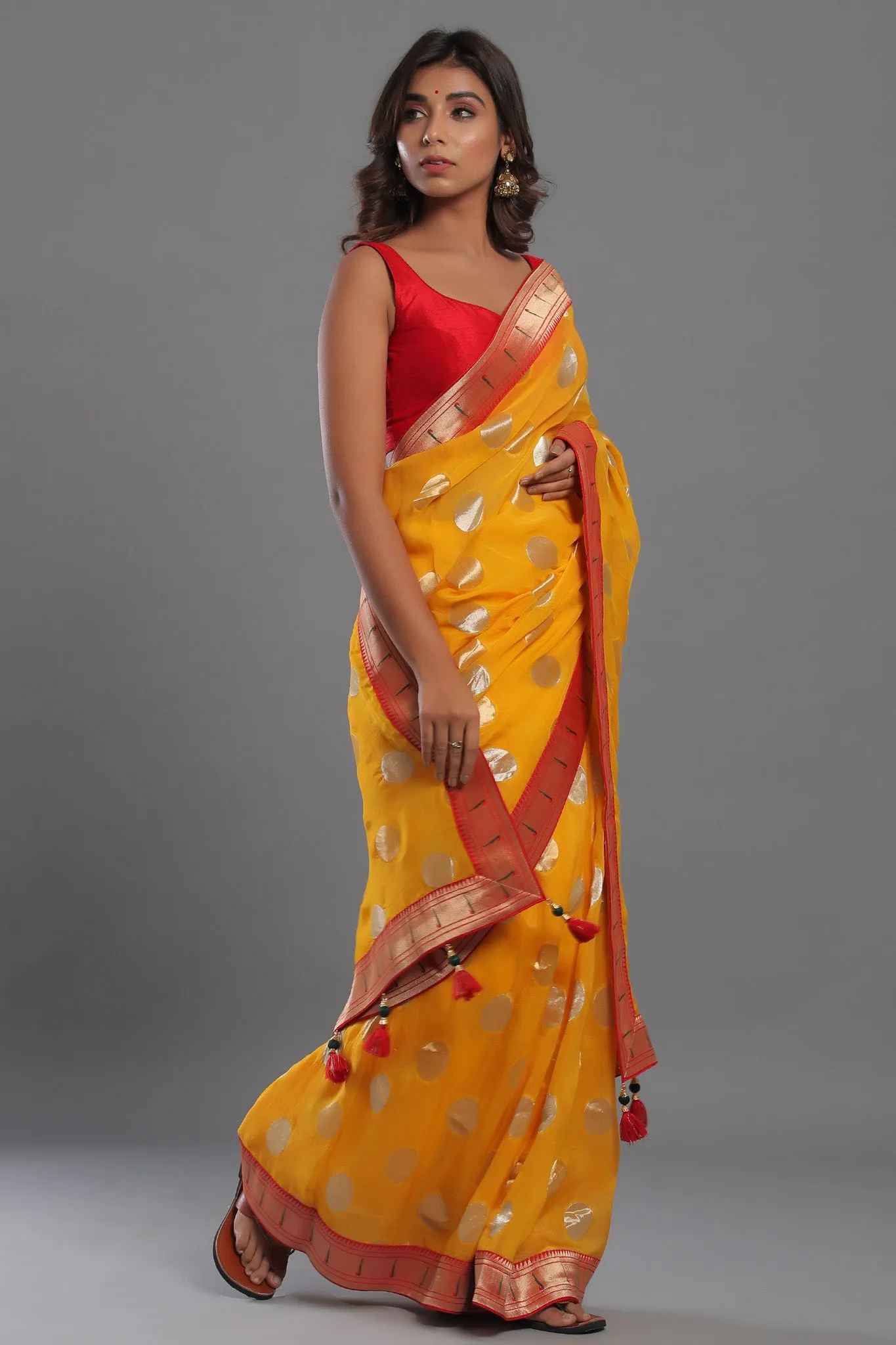 90Z473-NRO Mango Yellow Georgette Sari with Paithani Border and Pallu