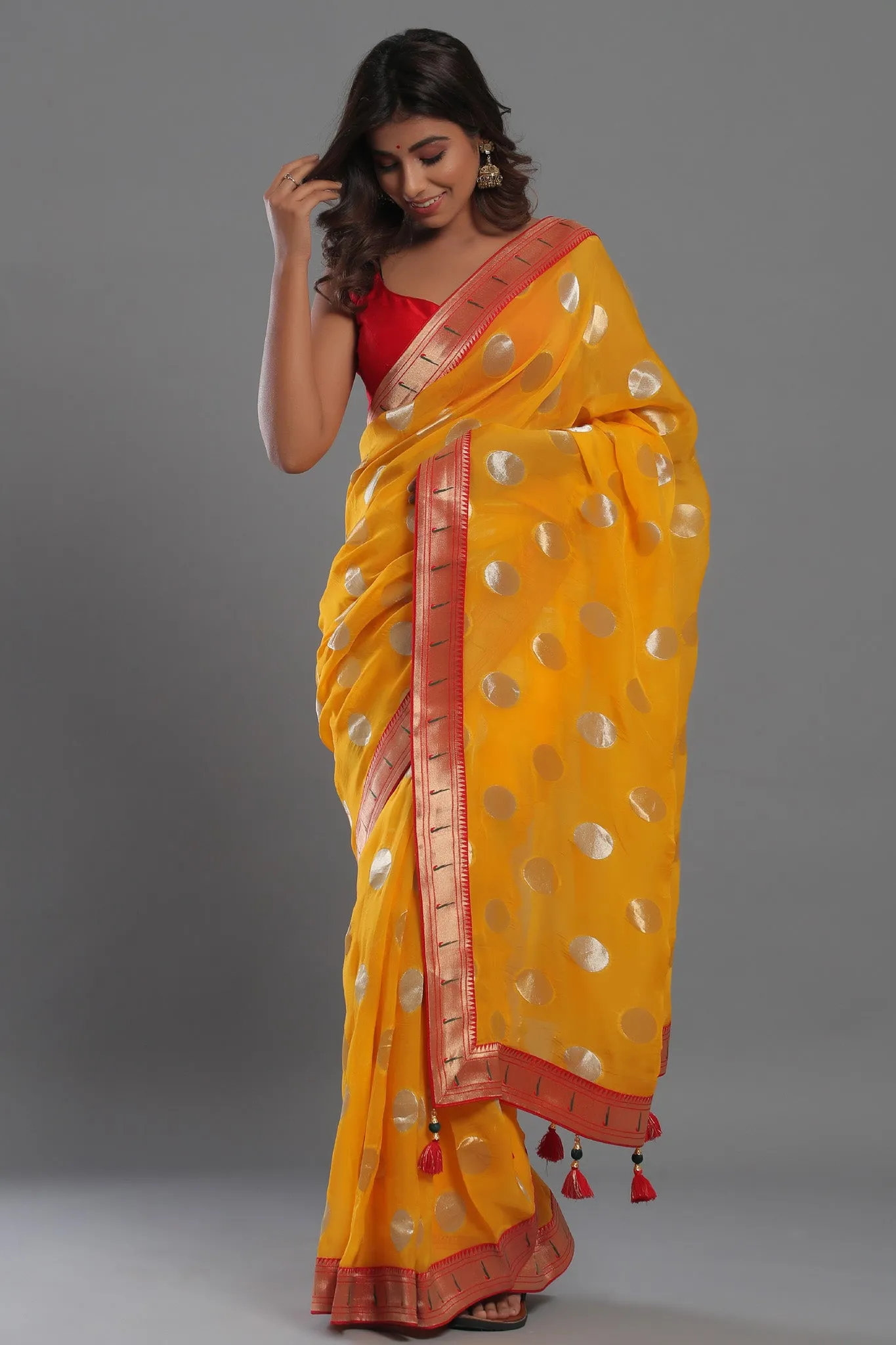 90Z473-NRO Mango Yellow Georgette Sari with Paithani Border and Pallu