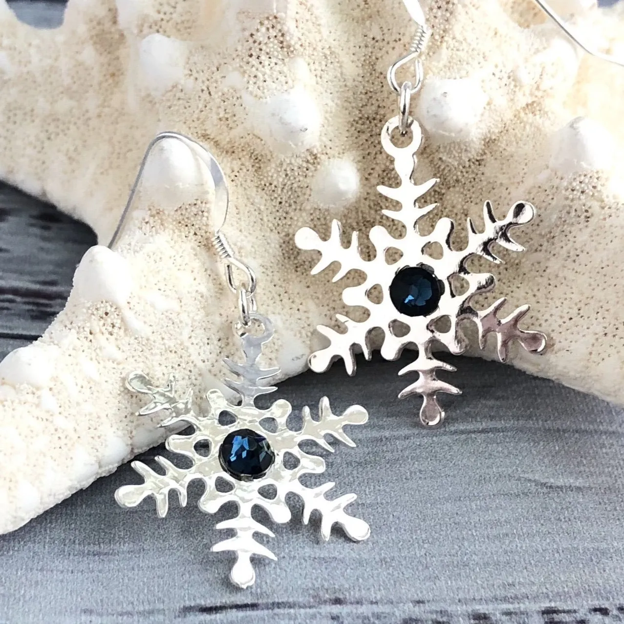 Blue Swarovski Silver Snowflake Earrings