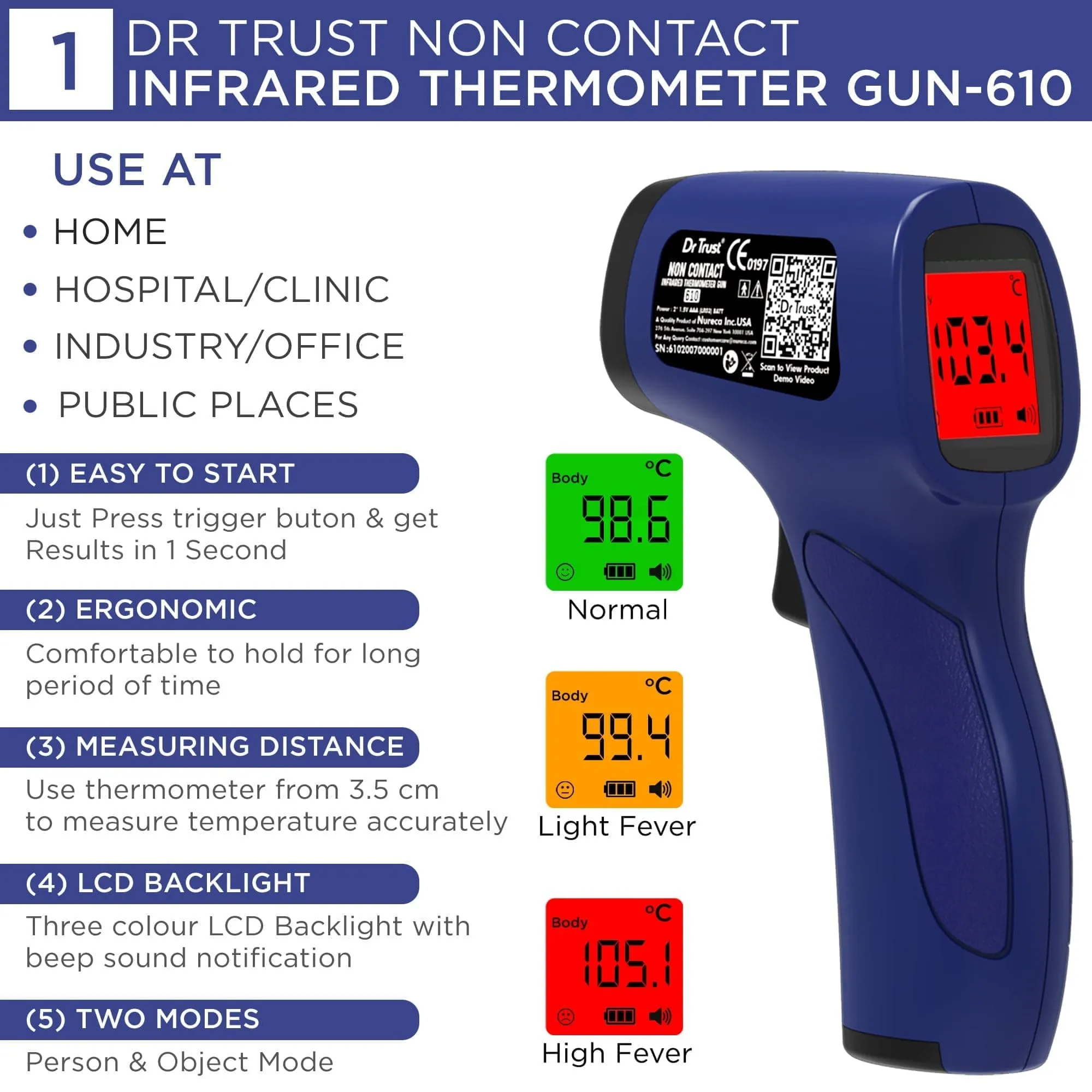 Dr Trust USA Covid Essential Basic Combo Pack - Dr Trust USA Pulse Oximeter 215   Dr Trust USA Non-Contact IR Infrared