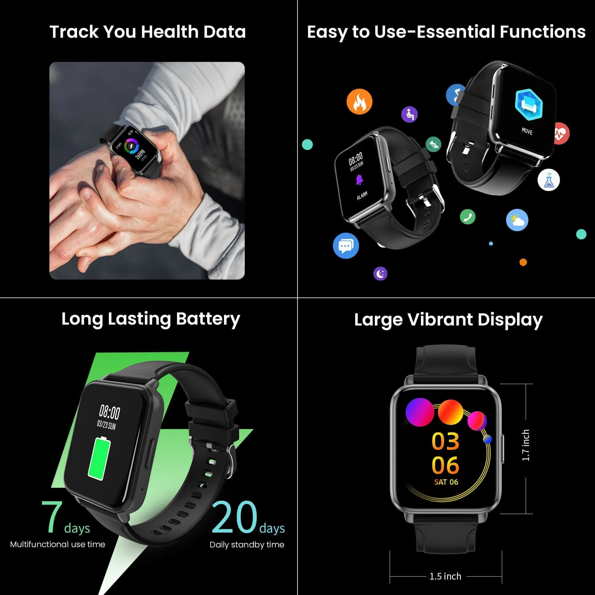 Dr Trust USA Healthpal 2 Smart Watch with 1.7 HD Display, Calling Feature, 24*7 Heart Rate Monitor, Spo2 Monitoring fitness tracker, Sports Modes, Multiple Watch Faces, Fast Charge, Long battery life, for Men & Women