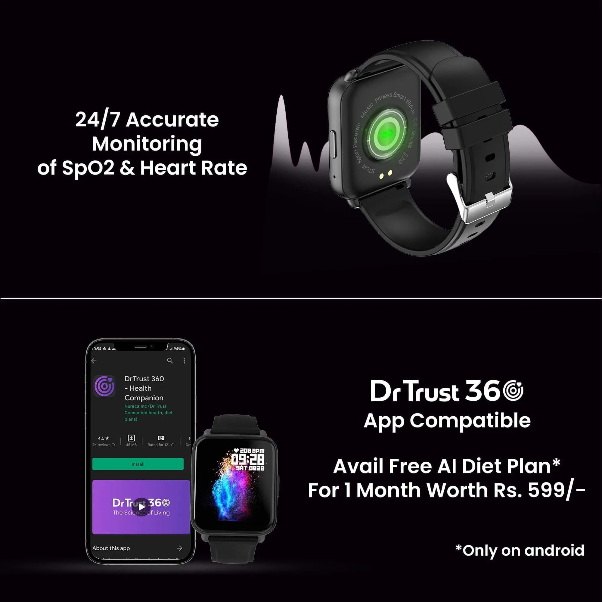 Dr Trust USA Healthpal 2 Smart Watch with 1.7 HD Display, Calling Feature, 24*7 Heart Rate Monitor, Spo2 Monitoring fitness tracker, Sports Modes, Multiple Watch Faces, Fast Charge, Long battery life, for Men & Women