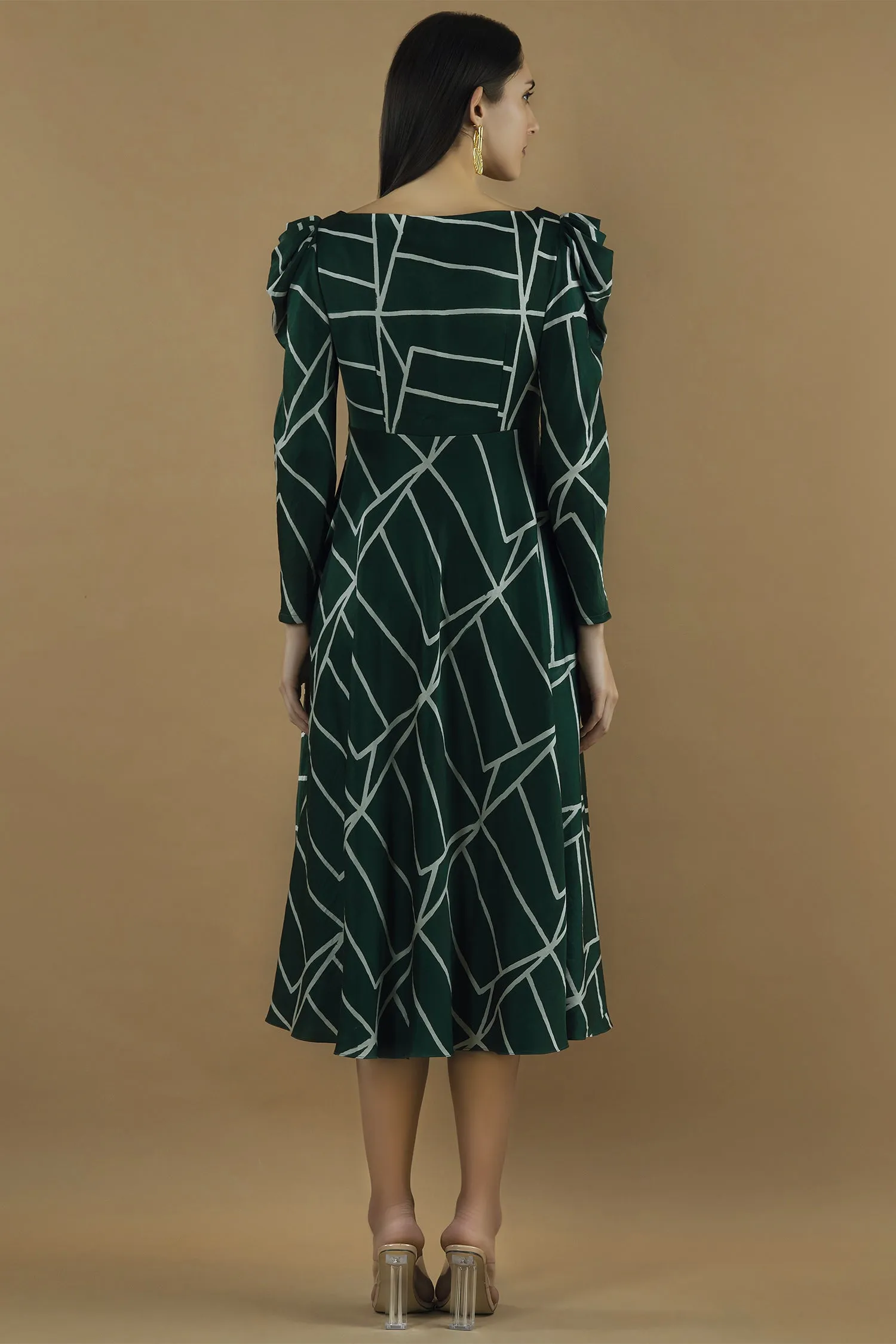 Geometric Printed Midi Dress With A Pleated Yoke