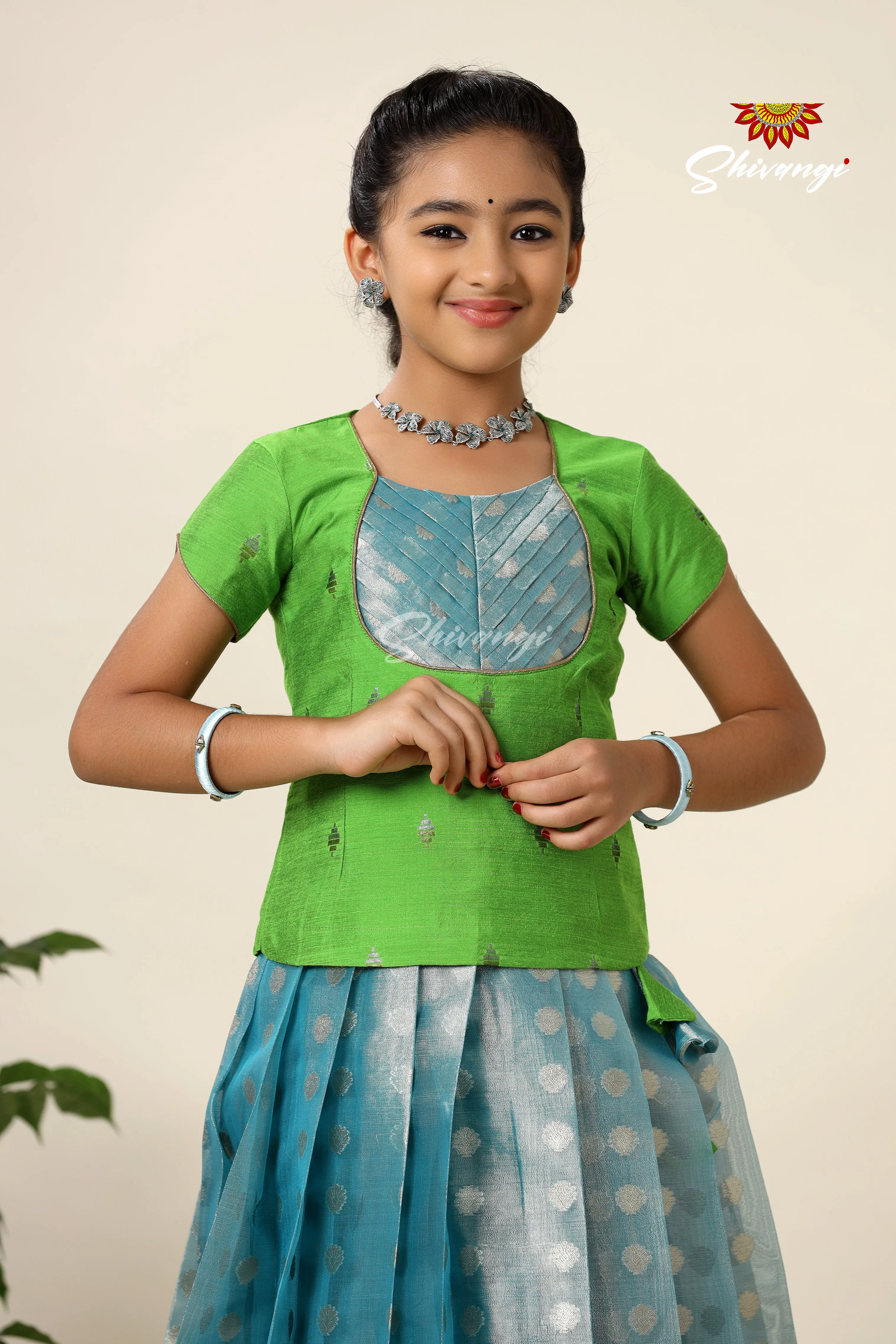 Girls Blue Floating Mango Butta Pattu Pavadai