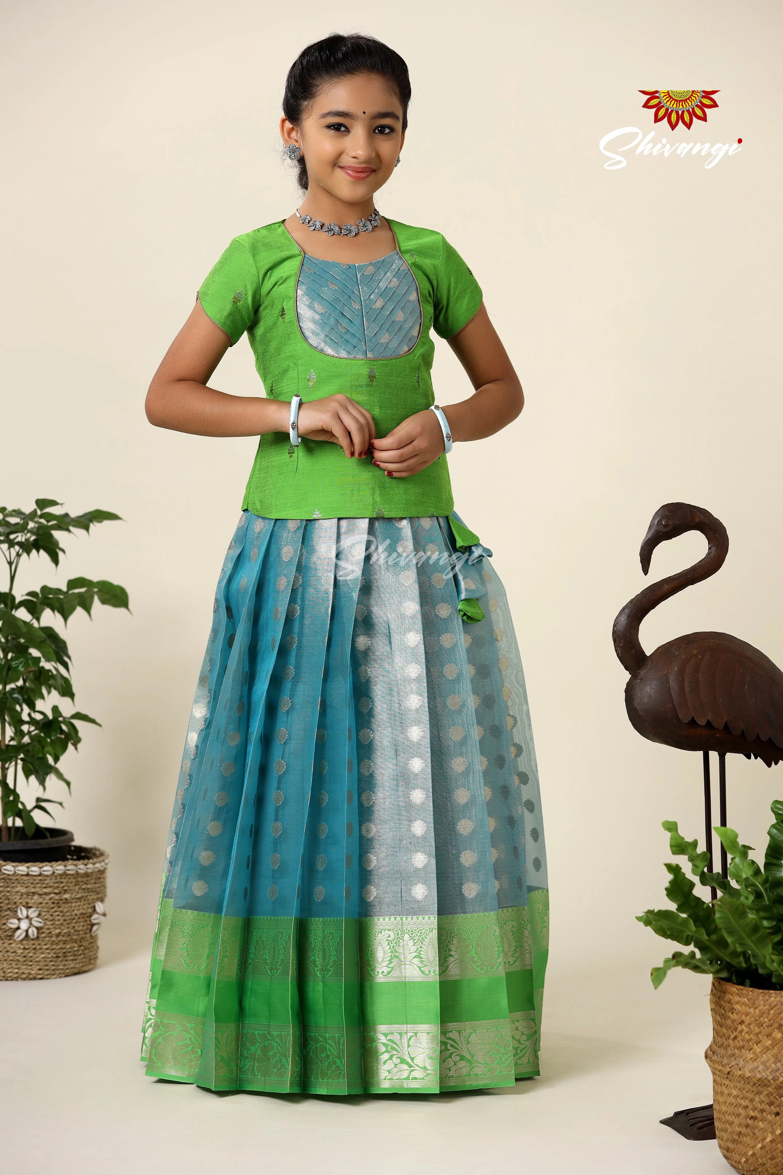 Girls Blue Floating Mango Butta Pattu Pavadai