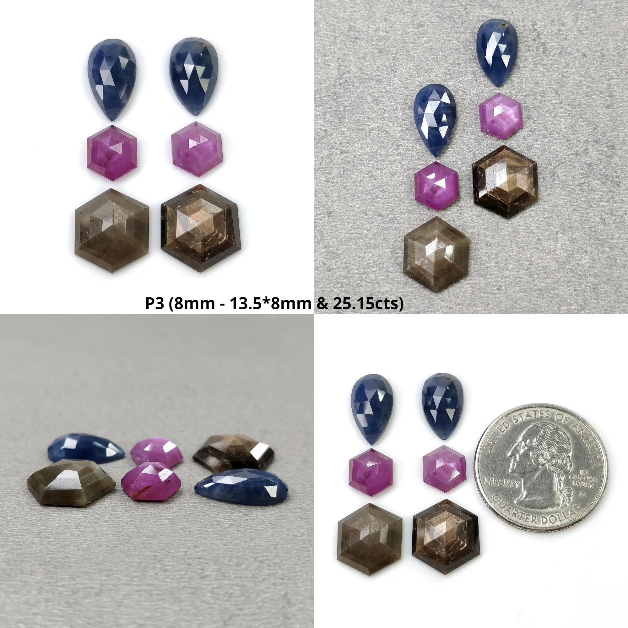 Golden Brown CHOCOLATE Blue And Raspberry SAPPHIRE Gemstone Rose & Step Cut : Natural Untreated  Pear Uneven Hexagon 2pcs 6pcs