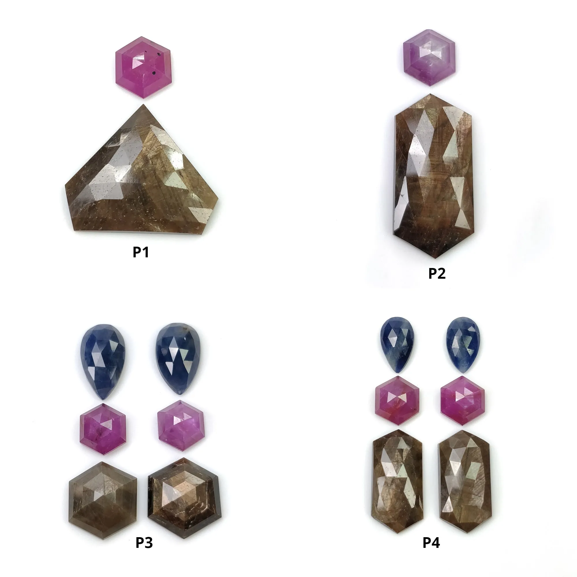 Golden Brown CHOCOLATE Blue And Raspberry SAPPHIRE Gemstone Rose & Step Cut : Natural Untreated  Pear Uneven Hexagon 2pcs 6pcs