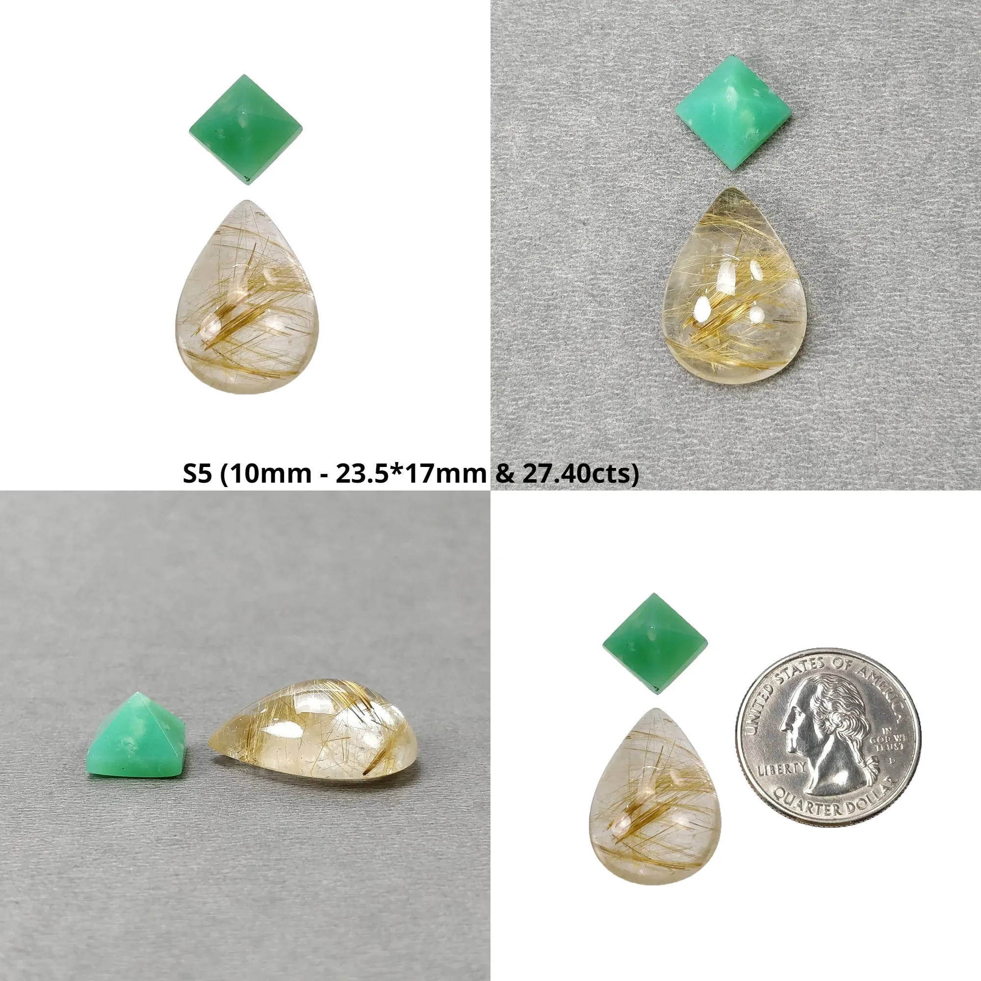 Golden RUTILE Quartz TANZANITE And CHRYSOPRASE Gemstone Cabochon : Natural Untreated Unheated Rutile Oval Pear Shape 2pcs Set