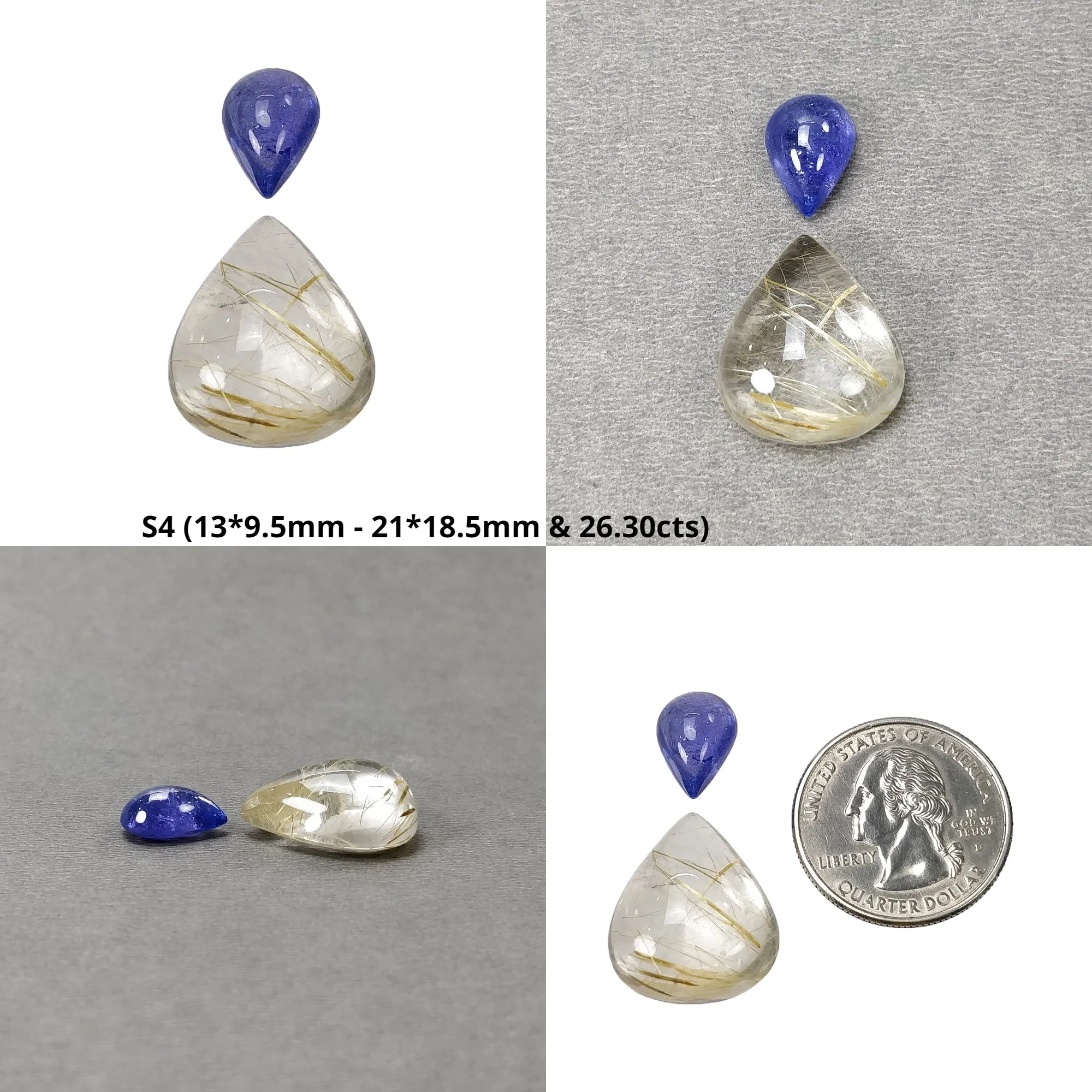 Golden RUTILE Quartz TANZANITE And CHRYSOPRASE Gemstone Cabochon : Natural Untreated Unheated Rutile Oval Pear Shape 2pcs Set