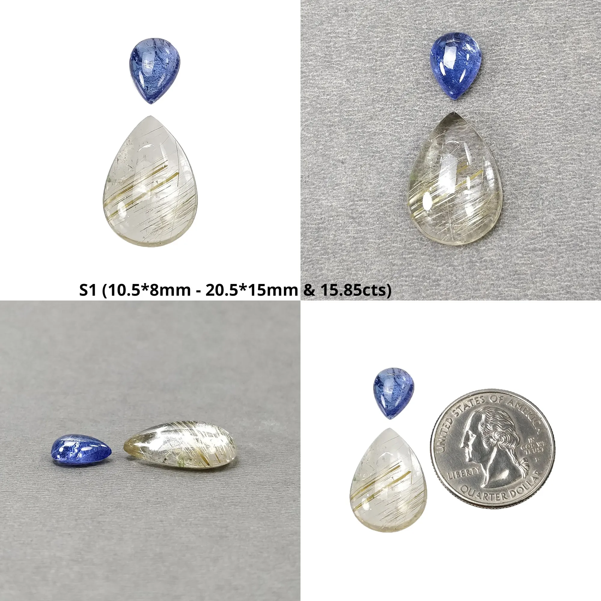 Golden RUTILE Quartz TANZANITE And CHRYSOPRASE Gemstone Cabochon : Natural Untreated Unheated Rutile Oval Pear Shape 2pcs Set