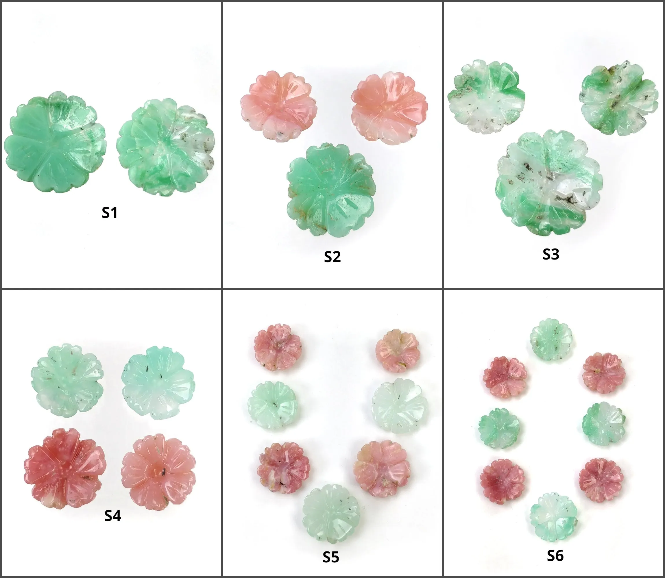 Green CHRYSOPRASE & PINK OPAL Gemstone Carving : Natural Untreated Untreated Hand Carved Flower 2pcs 3pcs 4pcs 7pcs 8pcs Set