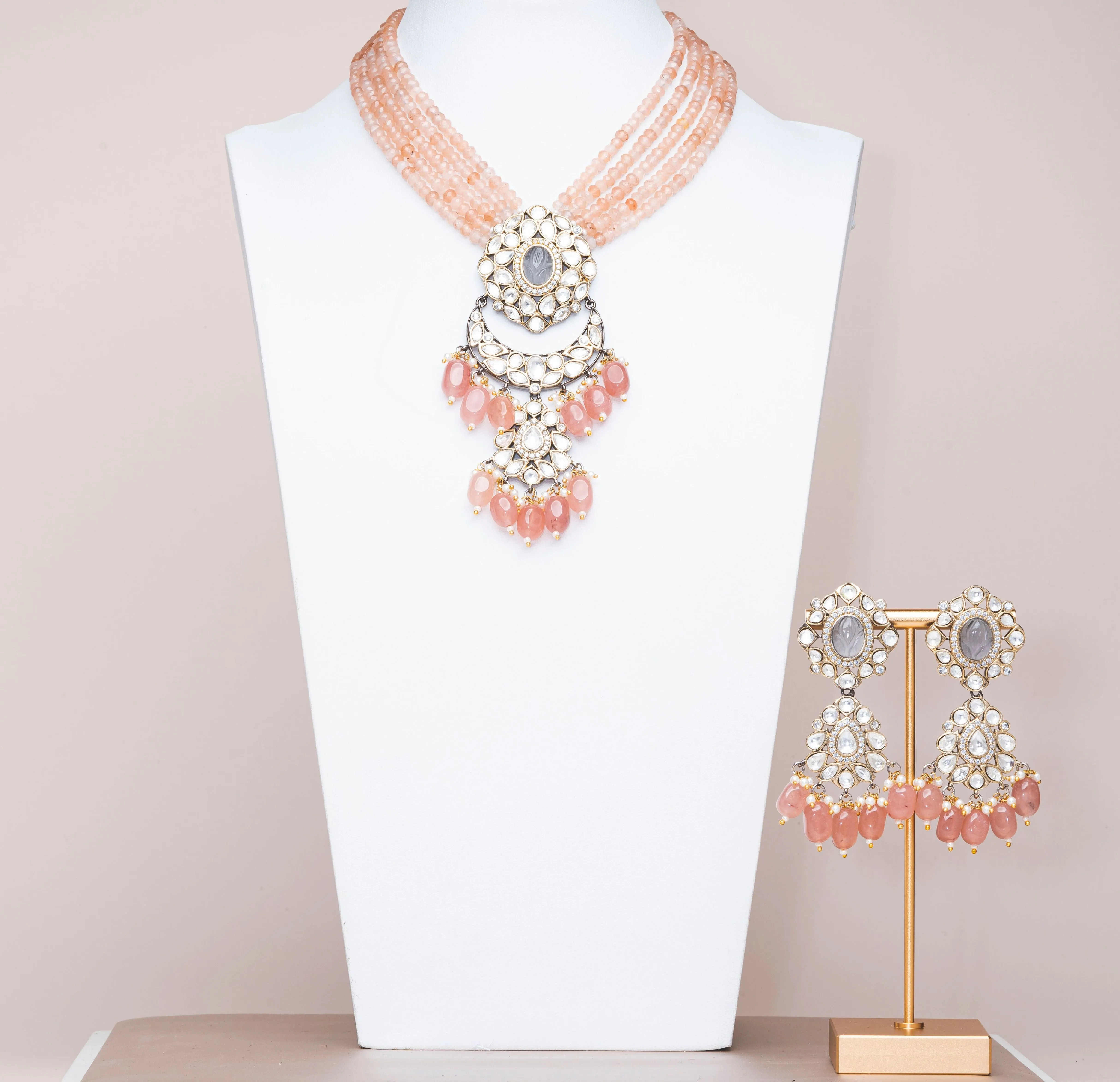 Inas Orange & Gray  Luxury Mala & Earring Set By Jaipur Rose Luxury Indian Jewelry Online