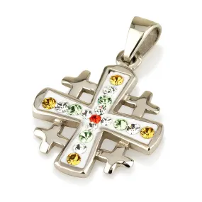 Jerusalem Cross Pendant Sterling Silver 925 With Colored Mix Gemstone.