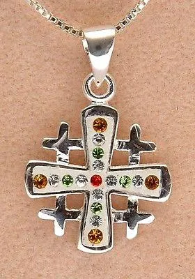 Jerusalem Cross Pendant Sterling Silver 925 With Colored Mix Gemstone.