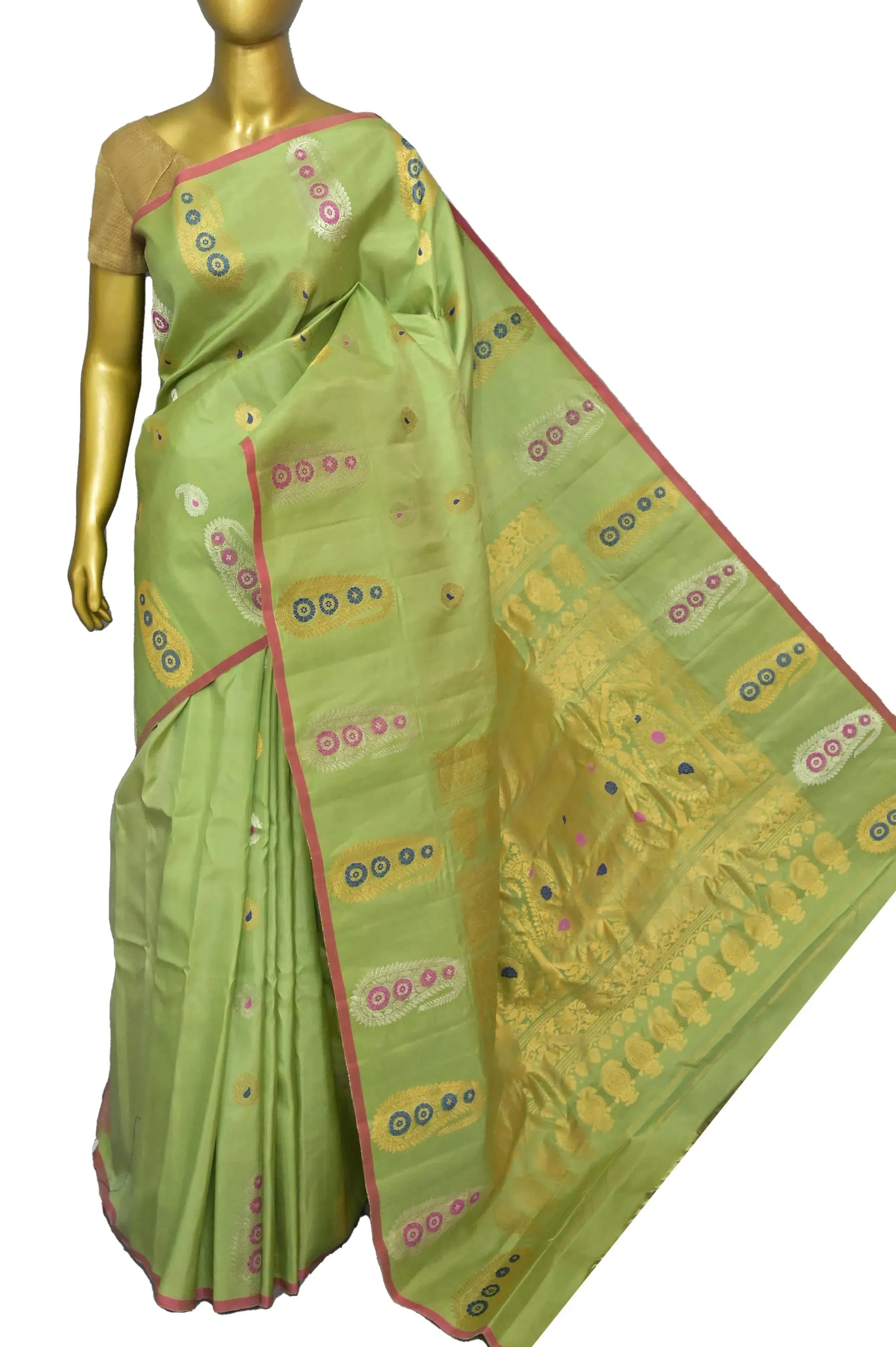 Light Pista Green Color Pure Gadwal Silk Saree with Meenakari Butta Work