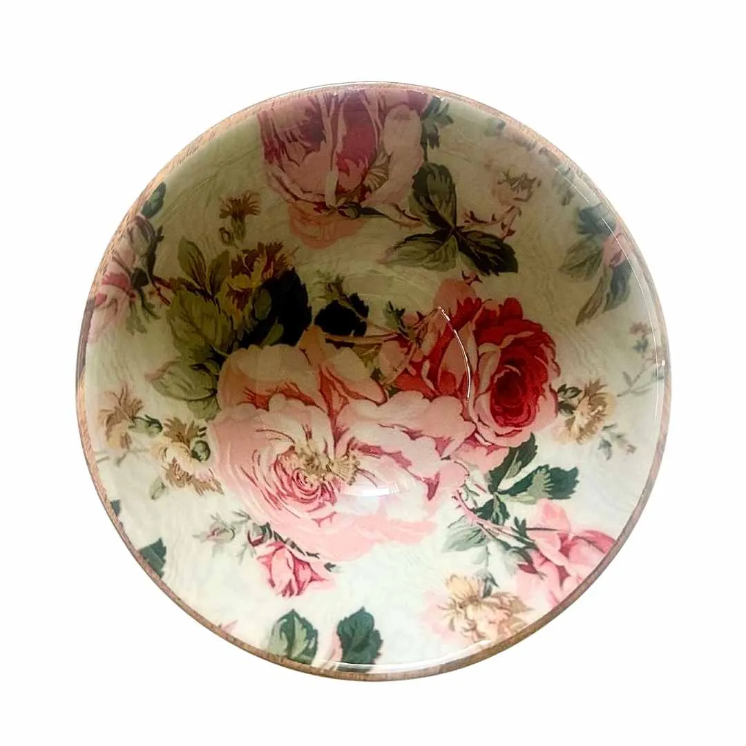 Mango Wood Rose Print Salad Bowl with Matching Serving Spoons