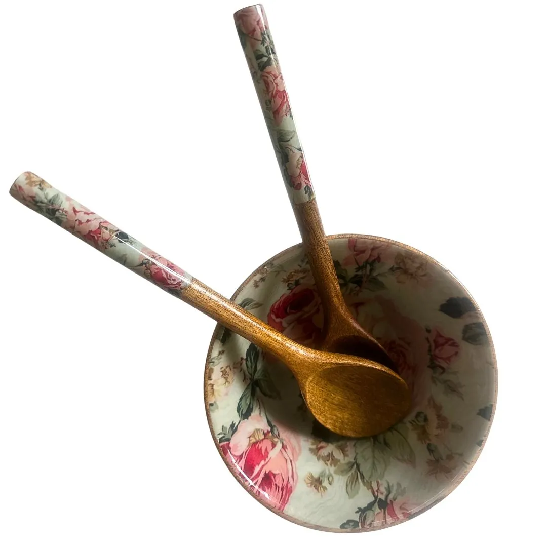 Mango Wood Rose Print Salad Bowl with Matching Serving Spoons