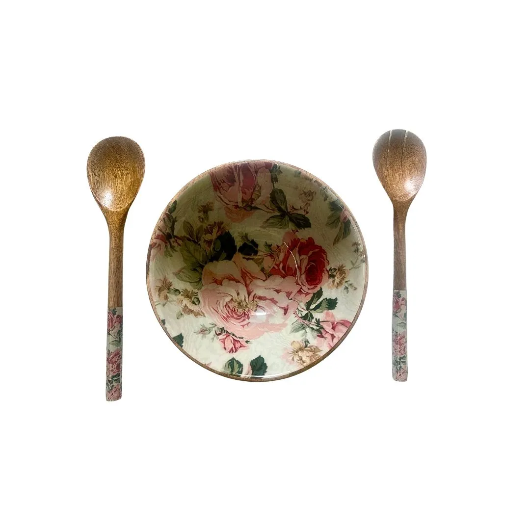 Mango Wood Rose Print Salad Bowl with Matching Serving Spoons