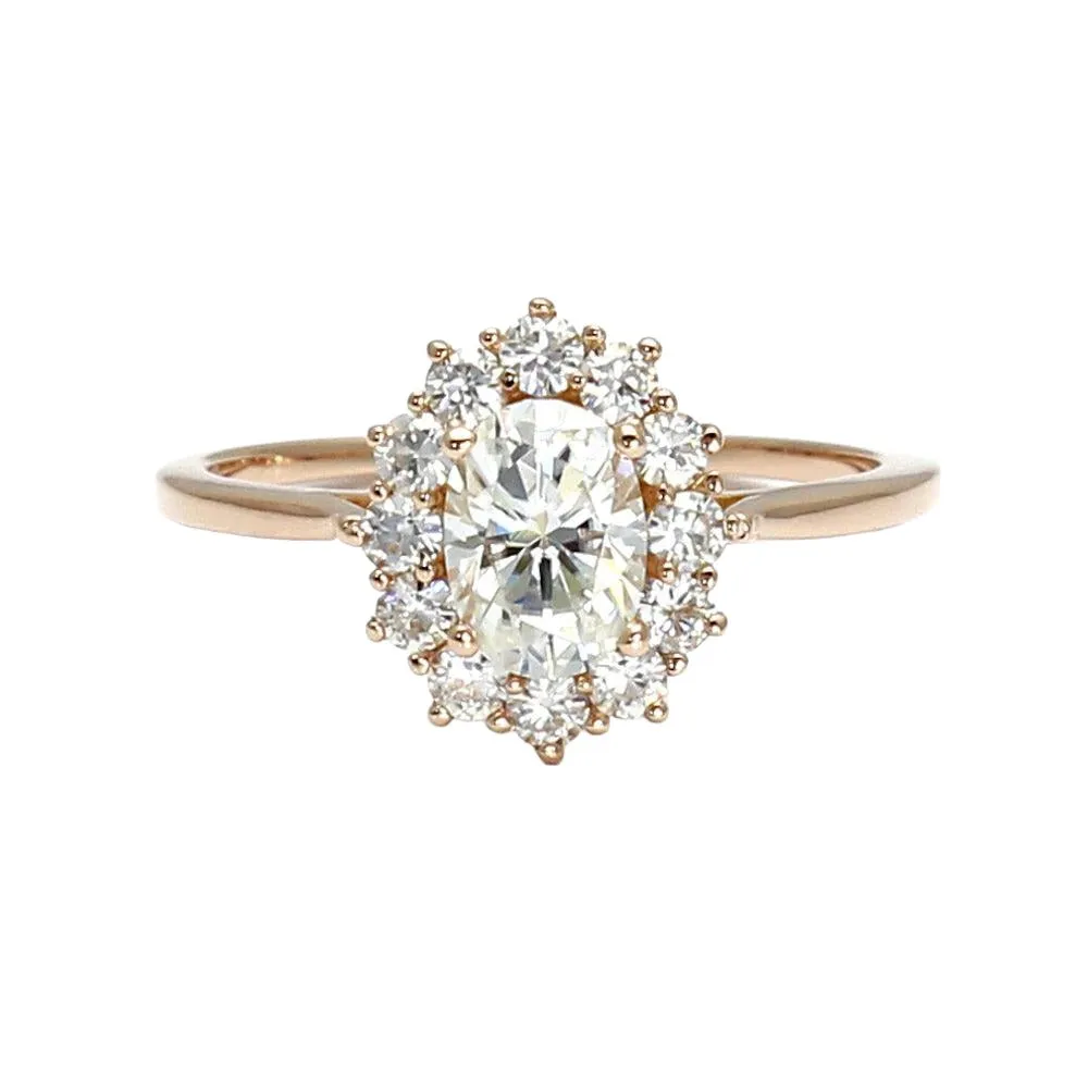 Moissanite Oval Halo Engagement Ring Vintage Style Cluster