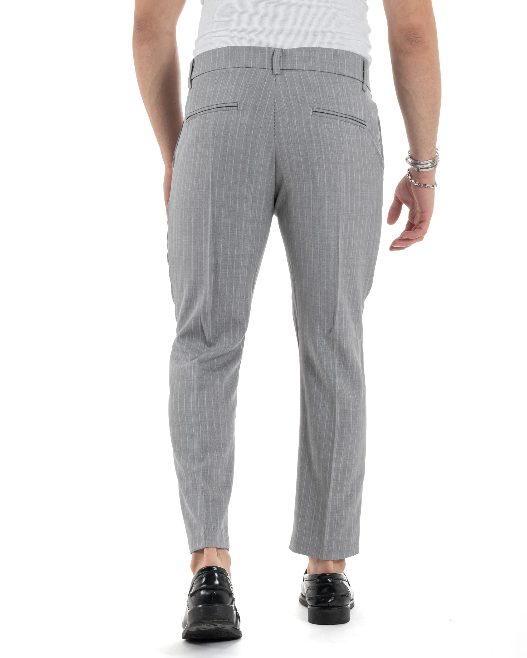 Pantaloni Uomo Gessati Viscosa Tasca America Rigato Classico Abbottonatura Allungata Casual Grigio GIOSAL-P6033A