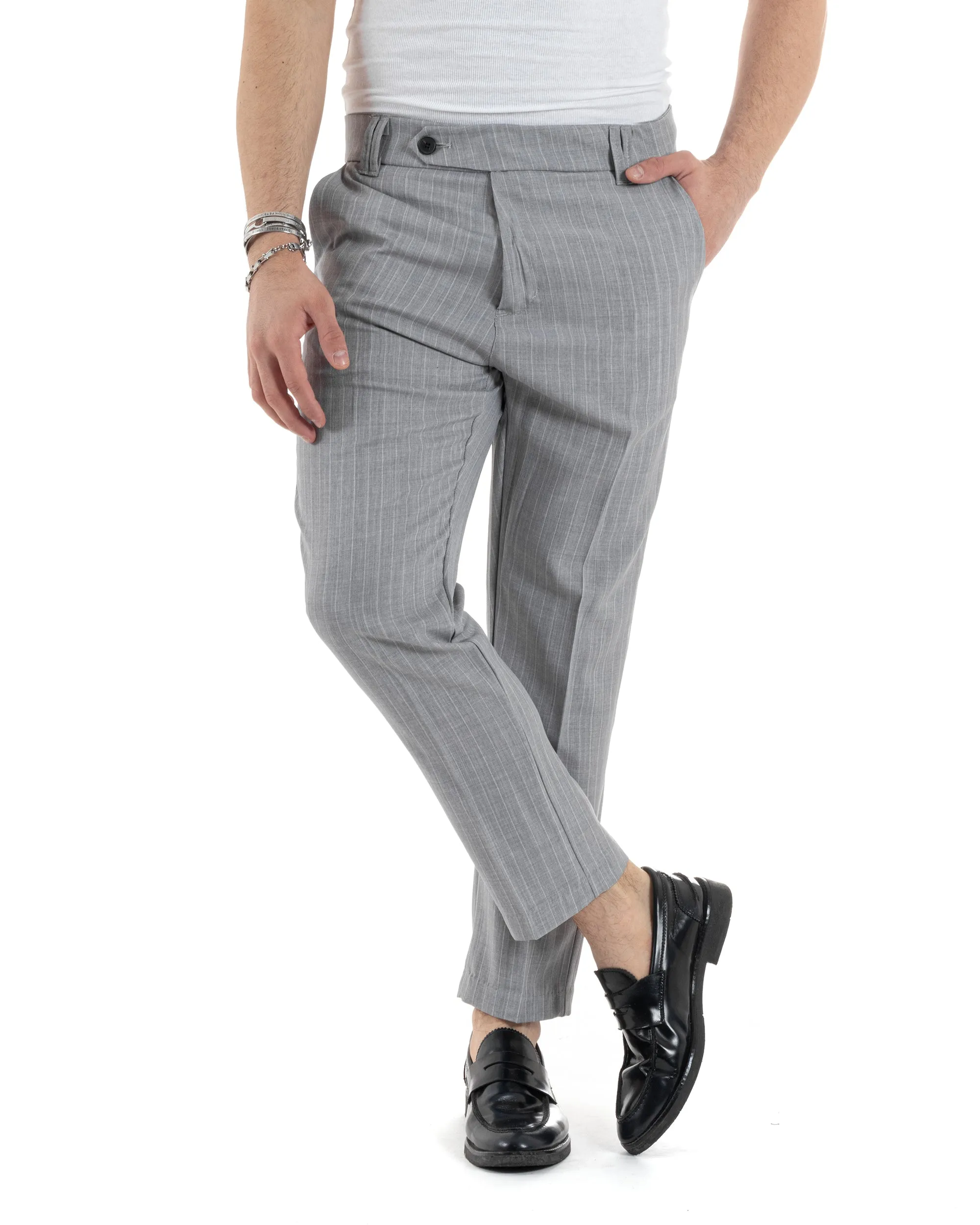 Pantaloni Uomo Gessati Viscosa Tasca America Rigato Classico Abbottonatura Allungata Casual Grigio GIOSAL-P6033A