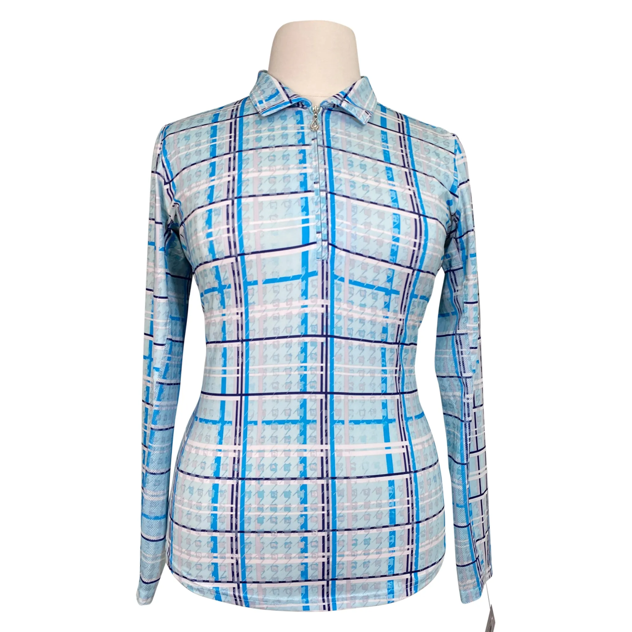 SanSoleil Polo Style Sunshirt in Aqua Plaid - Women's Large