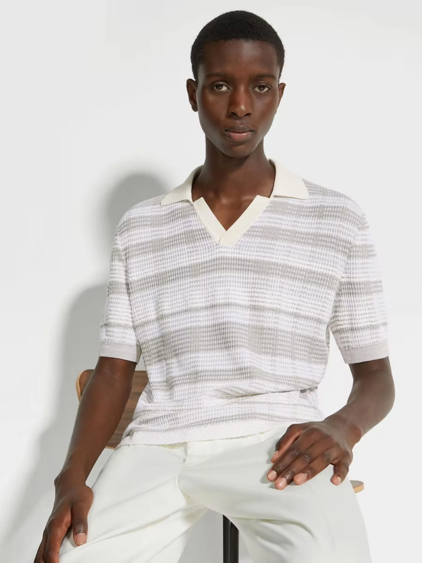 Silk Blend Polo | Taupe & White