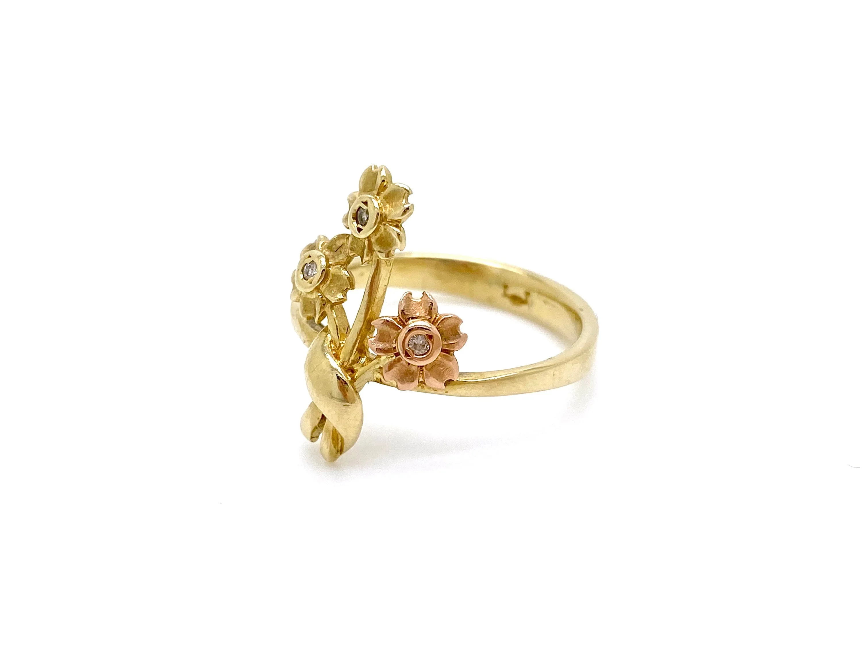 V I N T A G E // 14k bouquet / yellow and rose gold with diamonds / flower design ring / size 7