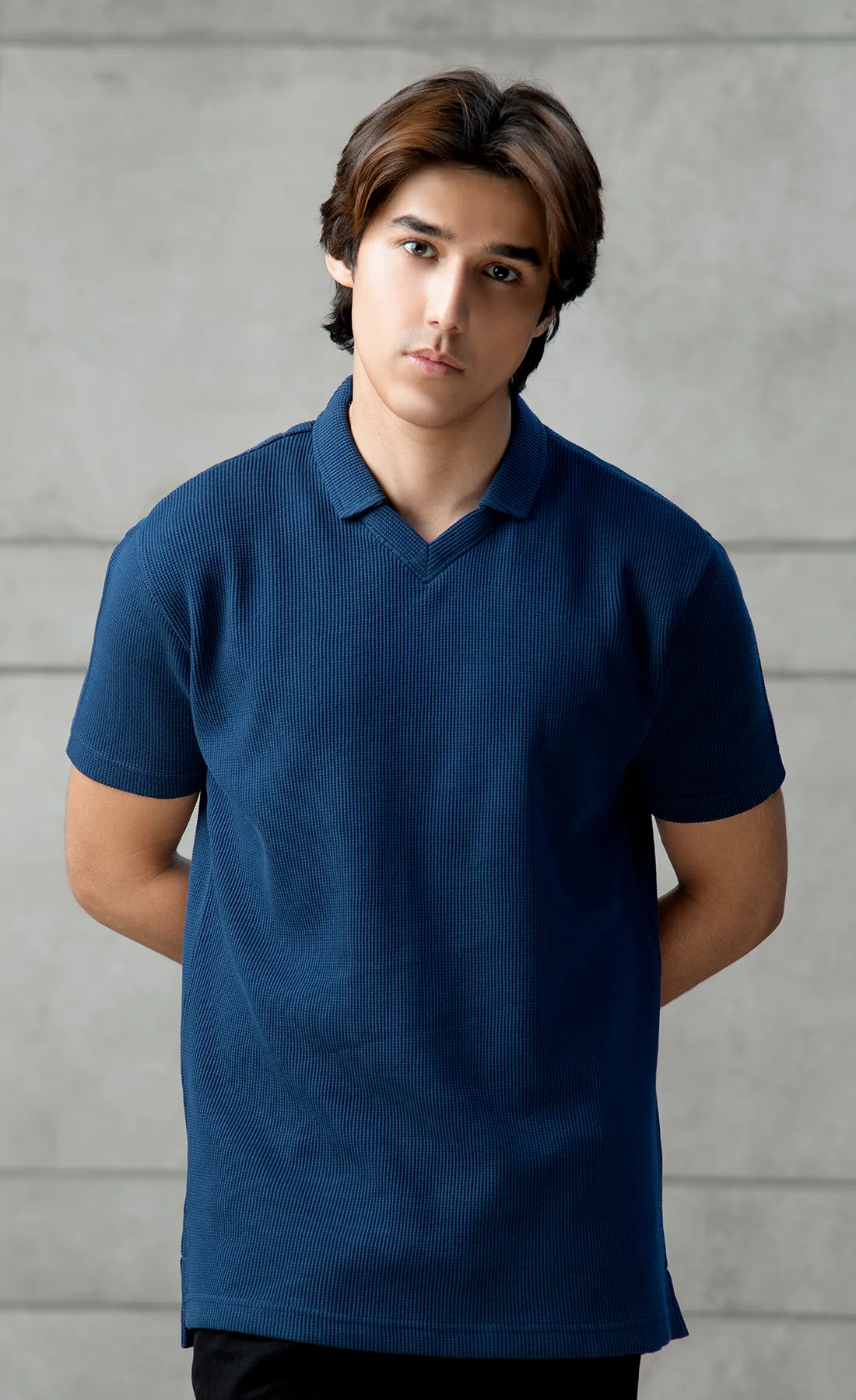 Waffle Knit Polo Blue (V-Neck)