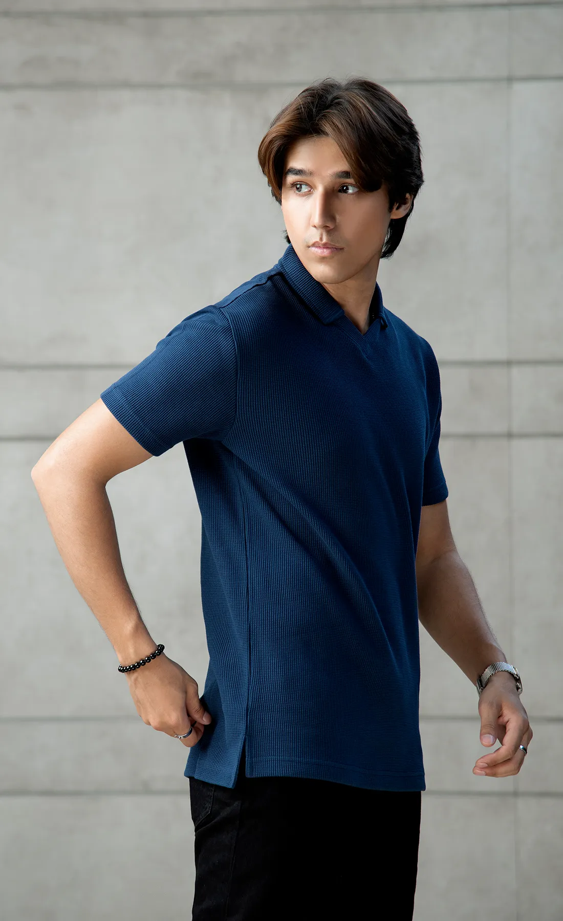 Waffle Knit Polo Blue (V-Neck)