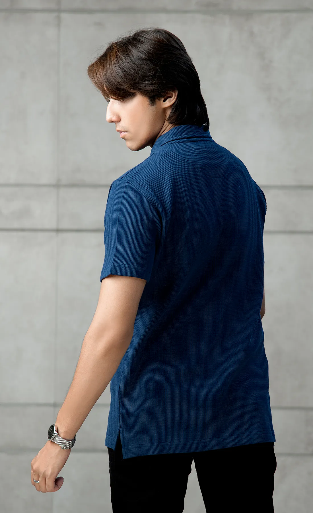 Waffle Knit Polo Blue (V-Neck)