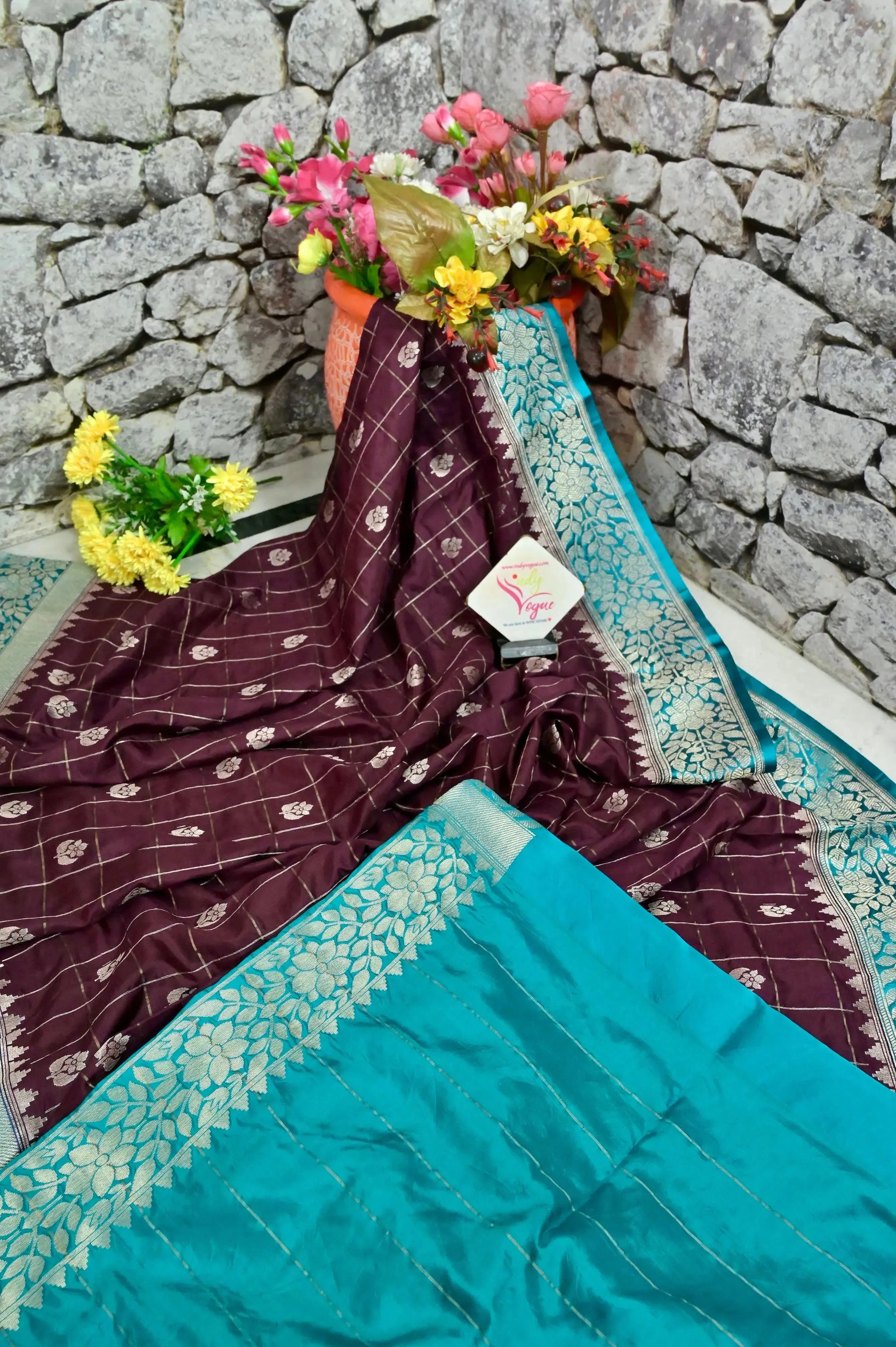 Wine Color Mango Silk Banarasi Saree with Silver Zari Check Work