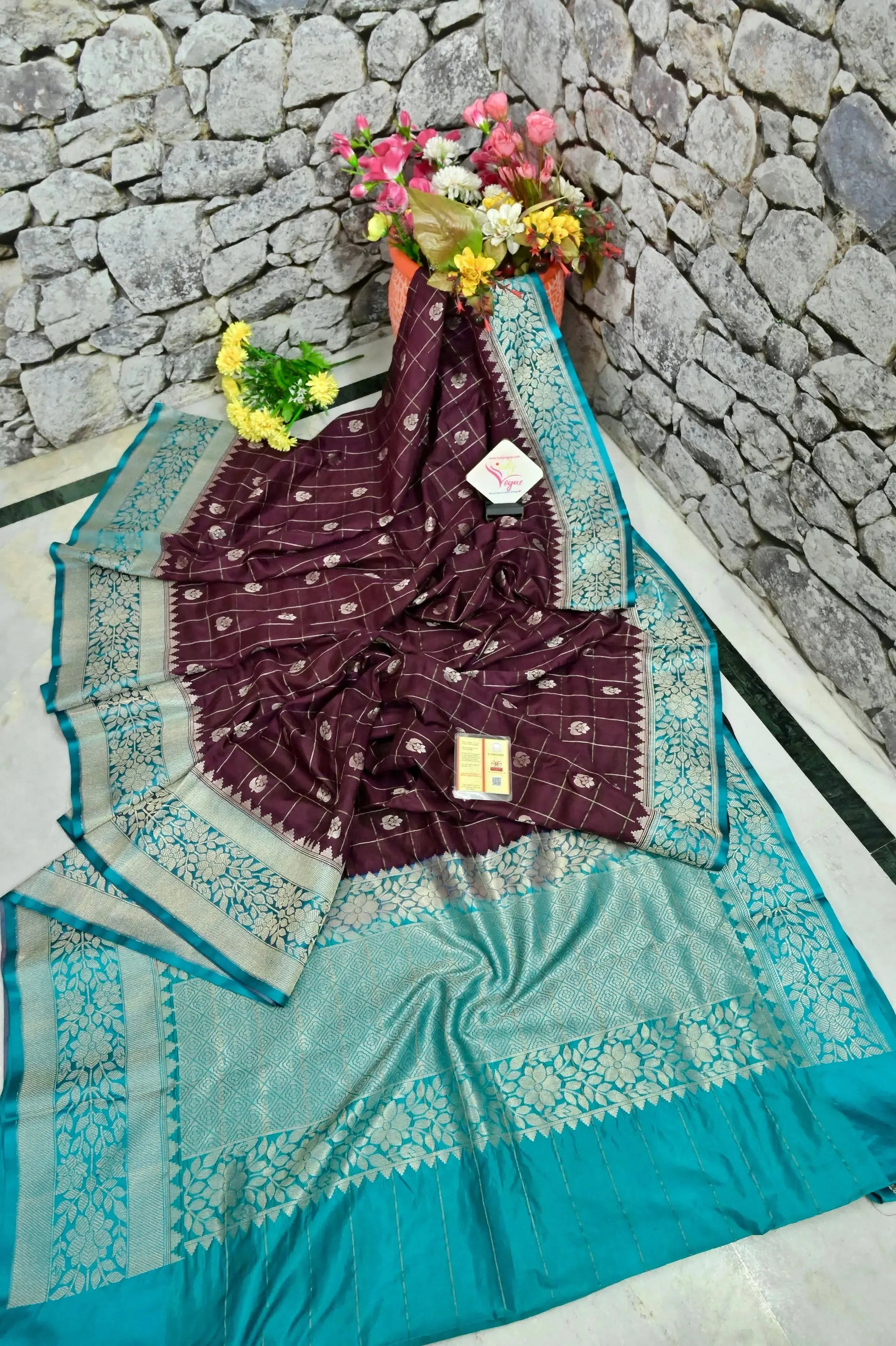 Wine Color Mango Silk Banarasi Saree with Silver Zari Check Work